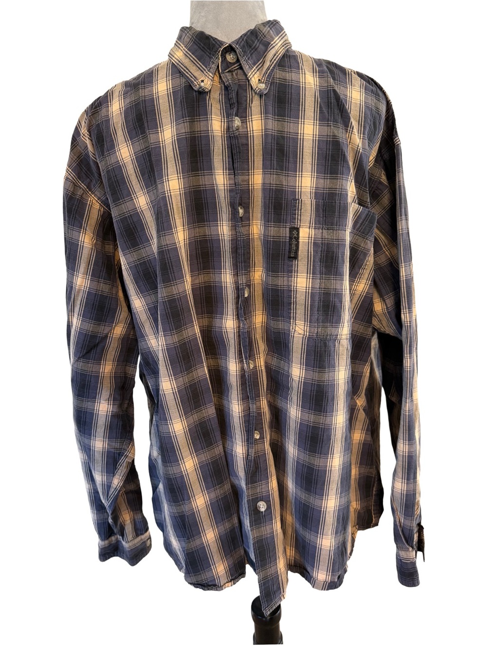 Columbia Sportswear Navy Blue Tan Shadow Plaid Button Down Shirt Long Sleeve XXL